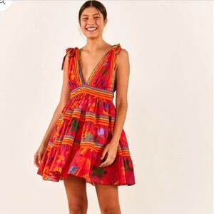 Farm Rio Red Good Vibes Mini Dress Womens Large Boho Sleeveless Flowy NWT